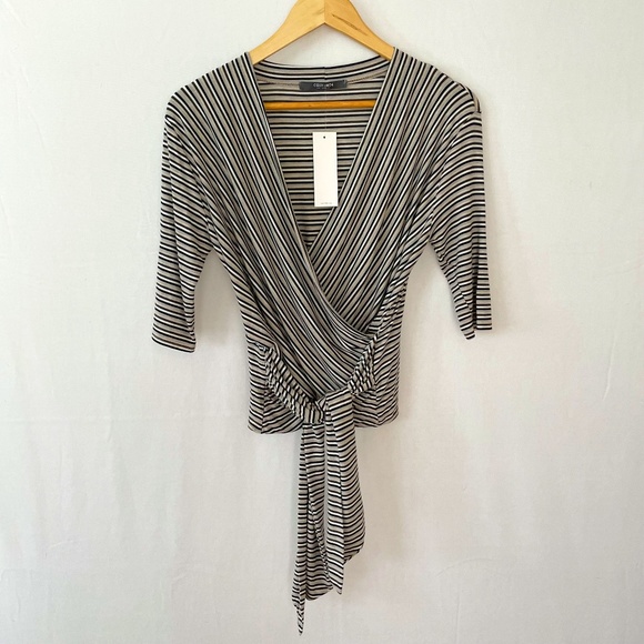 Coin 1804 Tops - COIN 1804 Women's Medium Jersey Knit Faux Wrap Elbow Sleeve Black White Tan Top